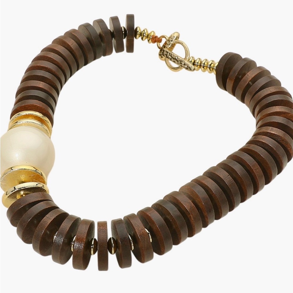 Brown Wooden Bead and Pearl Accent Bracelet - Unbranded